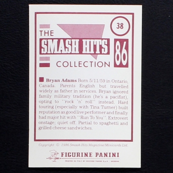 Bryan Adams Panini Sticker No. 38 - Smash Hits 86