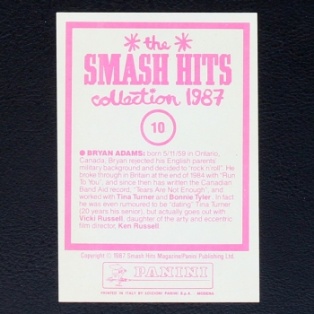 Bryan Adams Panini Sticker No. 10 - Smash Hits 87