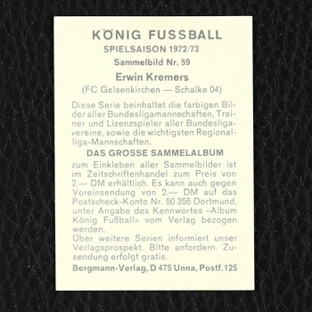 Erwin Kremers Bergmann Sticker Nr. 59 - König Fußball 1972/73
