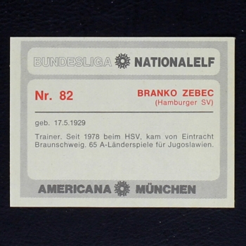 Branco Zebec Americana Card No. 82 - Bundesliga Nationalelf 1978