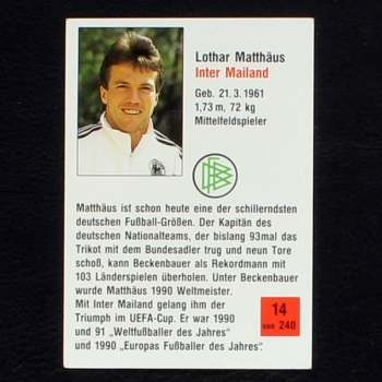 Lothar Matthäus Panini Trading Card No. 14 - Action Cards Fußball 92