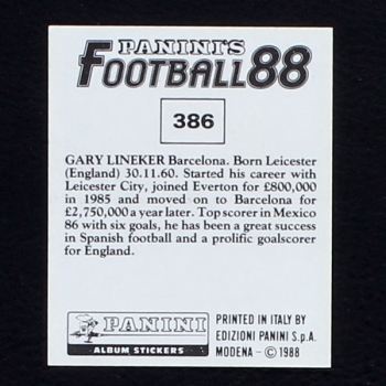 Gery Lineker Panini Sticker No. 386 - Football 88