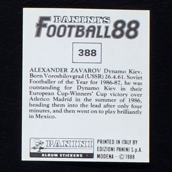 Alexander Zavarov Panini Sticker No. 388 - Football 88
