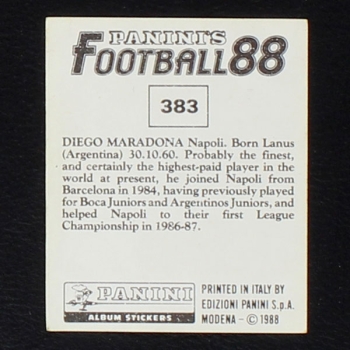Diego Maradona Panini Sticker No. 383 - Football 88