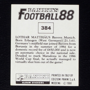 Lothar Matthäus Panini Sticker No. 384 - Football 88