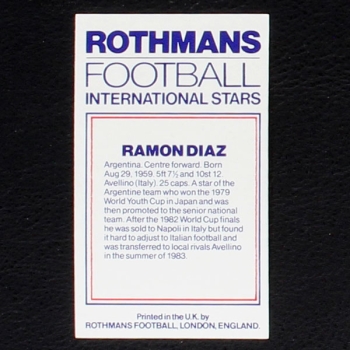 Ramon Diaz Rothmans Card - Football International Stars 1984