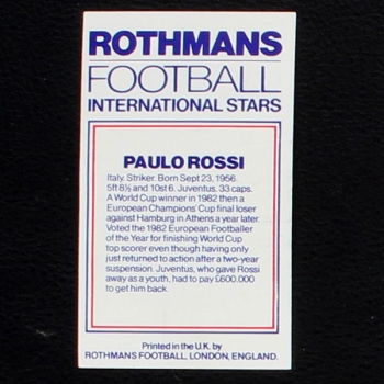 Paolo Rossi Rothmans Card - Football International Stars 1984