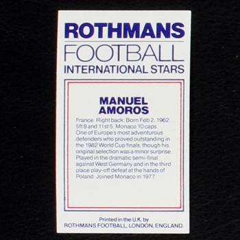Manuel Amoros Rothmans Card - Football International Stars 1984