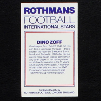 Dino Zoff Rothmans Card - Football International Stars 1984