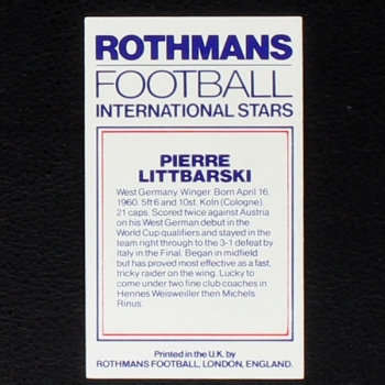 Pierre Littbarski Rothmans Card - Football International Stars 1984