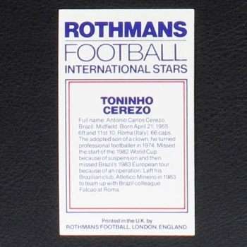 Toninho Cerezo Rothmans Card - Football International Stars 1984