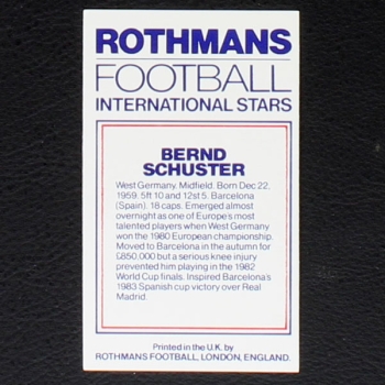 Bernd Schuster Rothmans Card - Football International Stars 1984