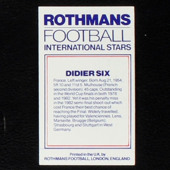 Didier Six Rothmans Card - Football International Stars 1984