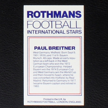 Paul Breitner Rothmans Card - Football International Stars 1984