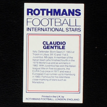 Claudio Gentile Rothmans Card - Football International Stars 1984
