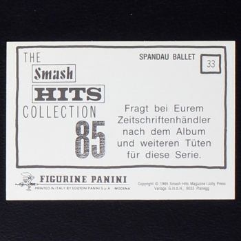 Spandau Ballet Panini Sticker No. 33  - Smash Hits 85