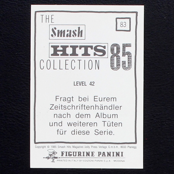 Level 42 Panini Sticker No. 83 - Smash Hits 85