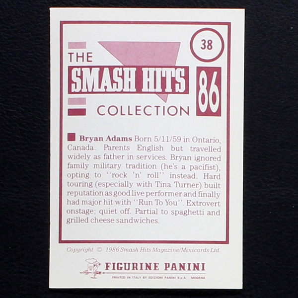 Bryan Adams Panini Sticker No. 38 - Smash Hits 86
