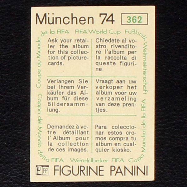 Josef Adamec Sticker No. 362 Panini - München 74