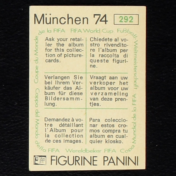 Giacinto Facchetti Sticker No. 292 Panini - München 74