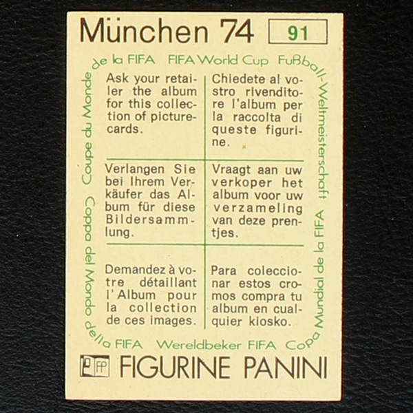 Bernhard Cullmann Sticker No. 91 Panini  - München 74
