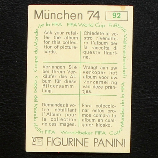 Georg Schwarzenbeck Sticker No. 92 Panini - München 74