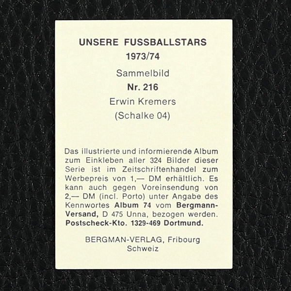 Erwin Kremers Bergmann Sticker Nr. 216 - Unsere Fußballstars 1973/74