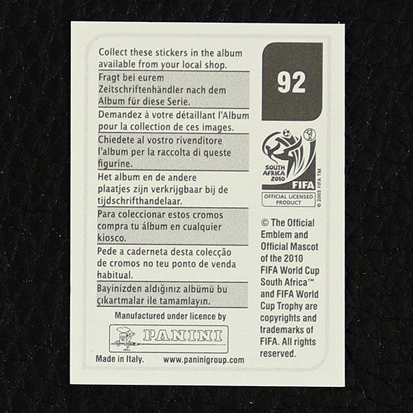 Eric Abidal Panini Sticker No. 92 - South Africa 2010