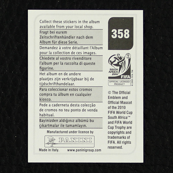 Simon Kjaer Panini Sticker No. 358 - South Africa 2010