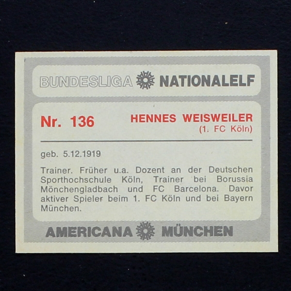 Hennes Weisweiler Americana Card No. 136 - Bundesliga Nationalelf 1978
