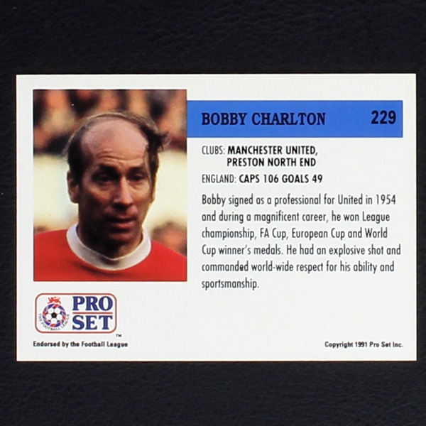 Bobby Charlton Pro Set Trading Card No. 229 - Football 1991