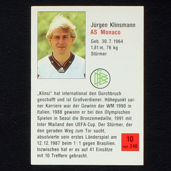 Jürgen Klinsmann Panini Trading Card No. 10 - Action Cards Fußball 92