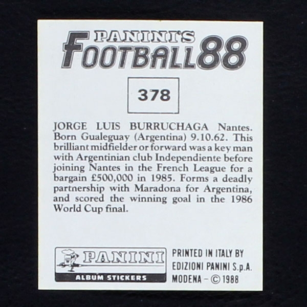 Jorge Luis Burruchaga Panini Sticker No. 378 - Football 88