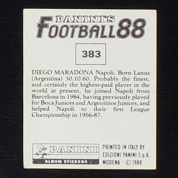 Diego Maradona Panini Sticker No. 383 - Football 88