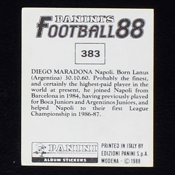 Diego Maradona Panini Sticker No. 383 - Football 88