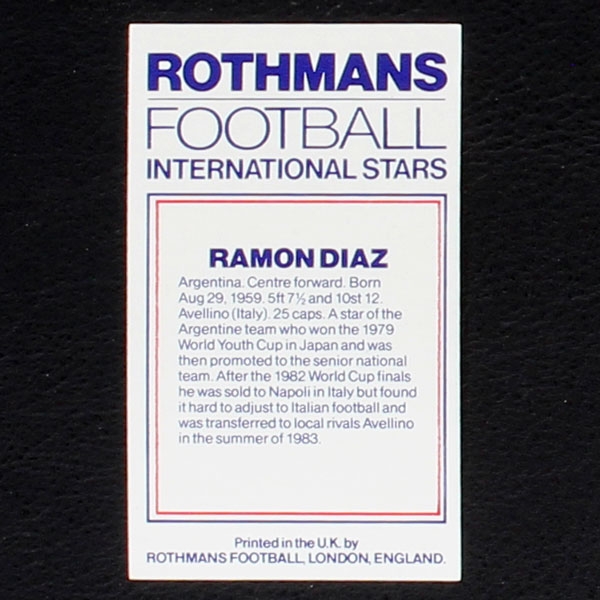 Ramon Diaz Rothmans Card - Football International Stars 1984