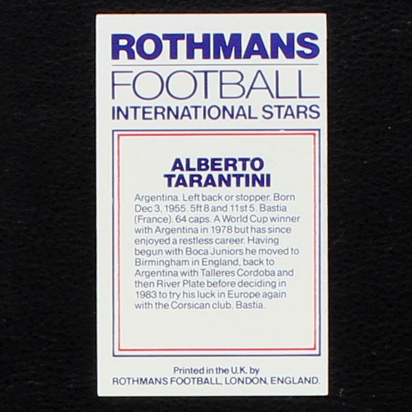 Alberto Tarantini Rothmans Card - Football International Stars 1984