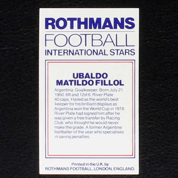 Ubaldo Matildo Fillol Rothmans Card - Football International Stars 1984