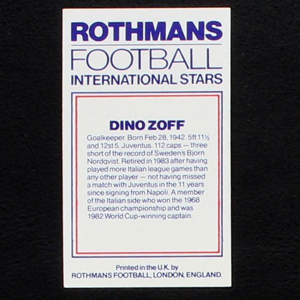 Dino Zoff Rothmans Card - Football International Stars 1984