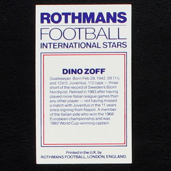 Dino Zoff Rothmans Card - Football International Stars 1984