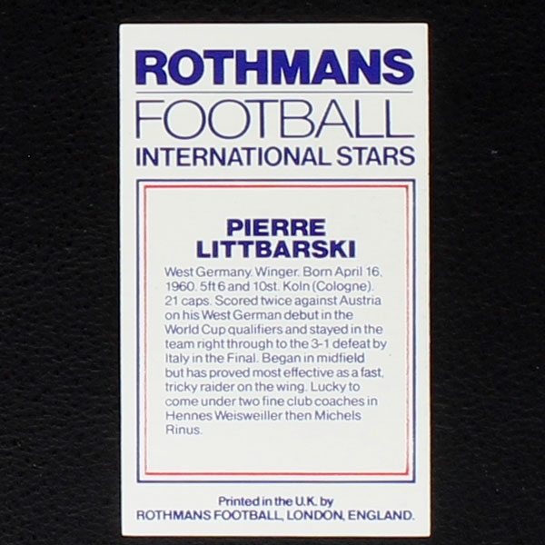 Pierre Littbarski Rothmans Card - Football International Stars 1984