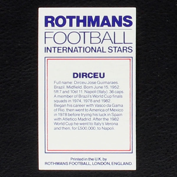 Dirceu Rothmans Card - Football International Stars 1984