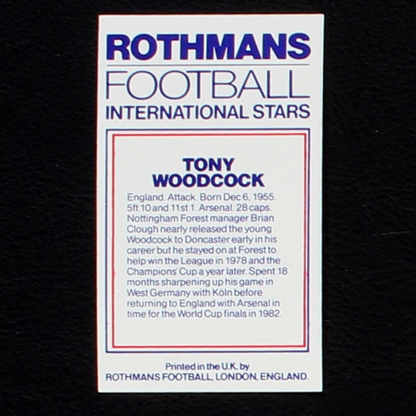 Tony Woodcock Rothmans Card - Football International Stars 1984