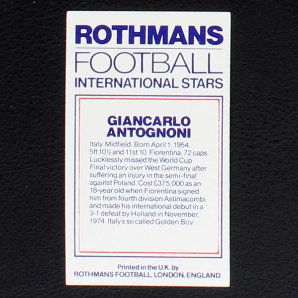 Giancarlo Antognoni Rothmans Card - Football International Stars 1984